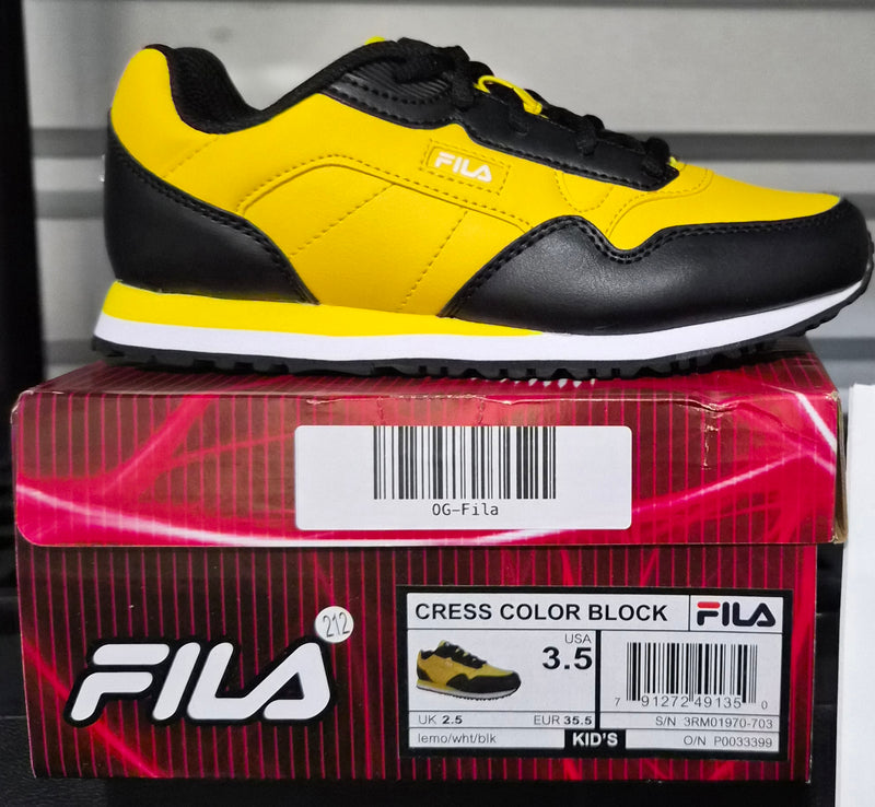 NEW FILA Kids Size 3.5 Unisex Cress Color Block Sneakers Lemon/White/Black